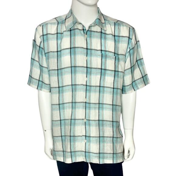 Tommy Bahama Linen Shirt Blue Plaid Short Sleeve Men’s Size Medium - Picture 1 of 6
